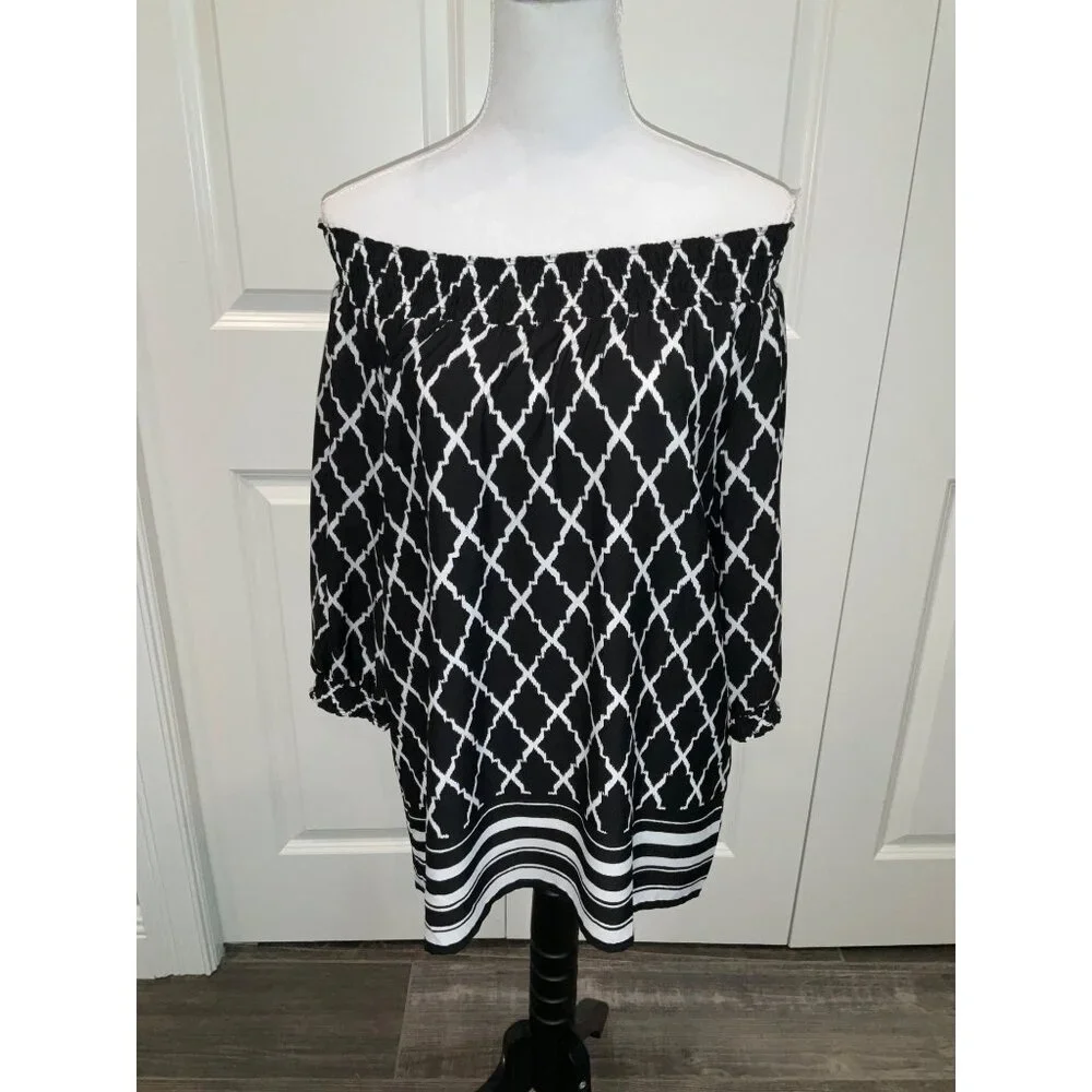 Chico's Black & White Blouse 3/4 sleeve Women's size 0 Small (4) Off Shoulder - Picture 3 of 7